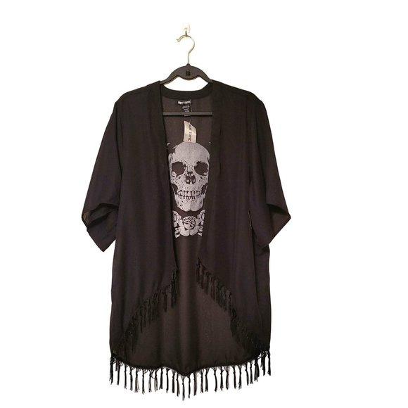 Hot Topic Womens Top Black & White L  Skull Fringe Kimono Open Front New - Picture 4 of 8